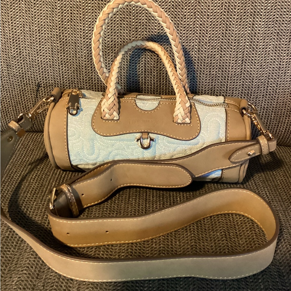 True Religion Quilted Horseshoe Denim Mini Duffel Barrel Crossbody Bag